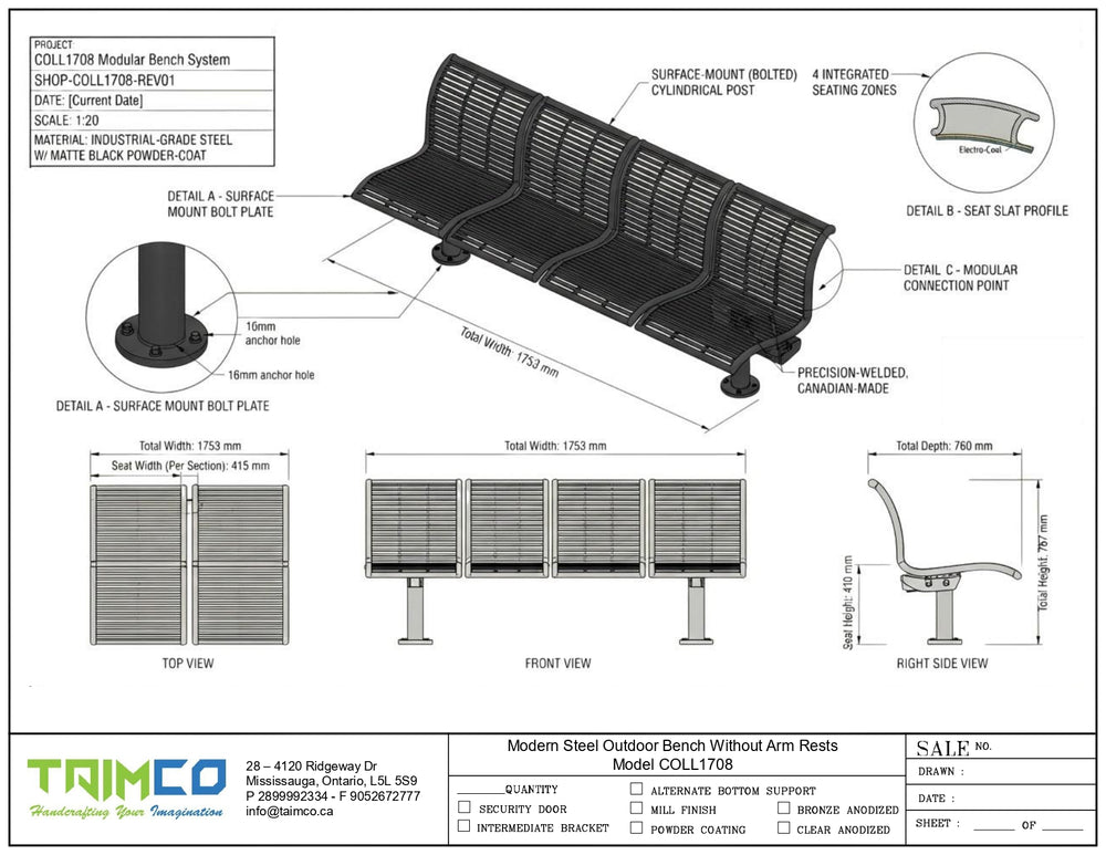 Technical drawing and dimension schematic of a Coll 1708 Modular Bench System by Taimco, showing front view, top view, right side view, detail callouts, and material/spec information on a white background.