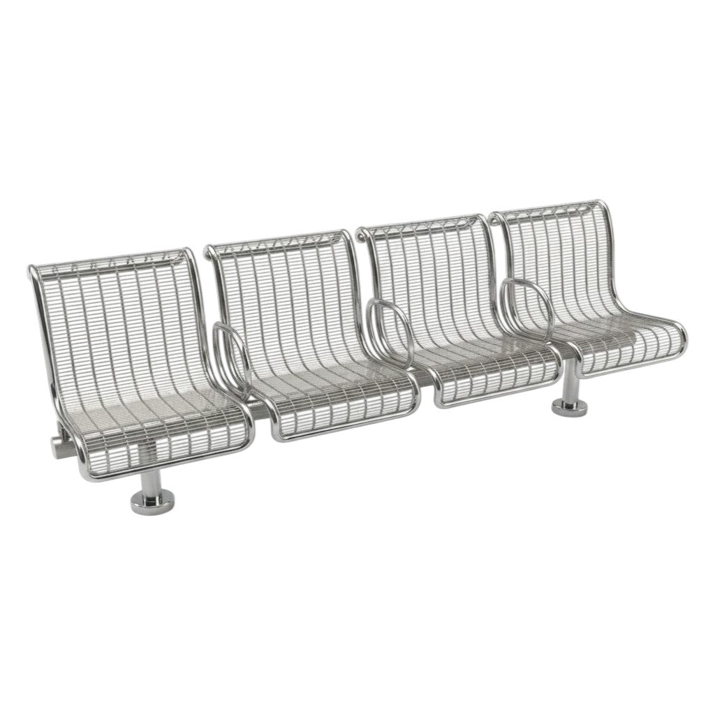 A four-seat stainless steel wire mesh waiting room bench with integrated armrests and metal legs, shown on a plain white background.