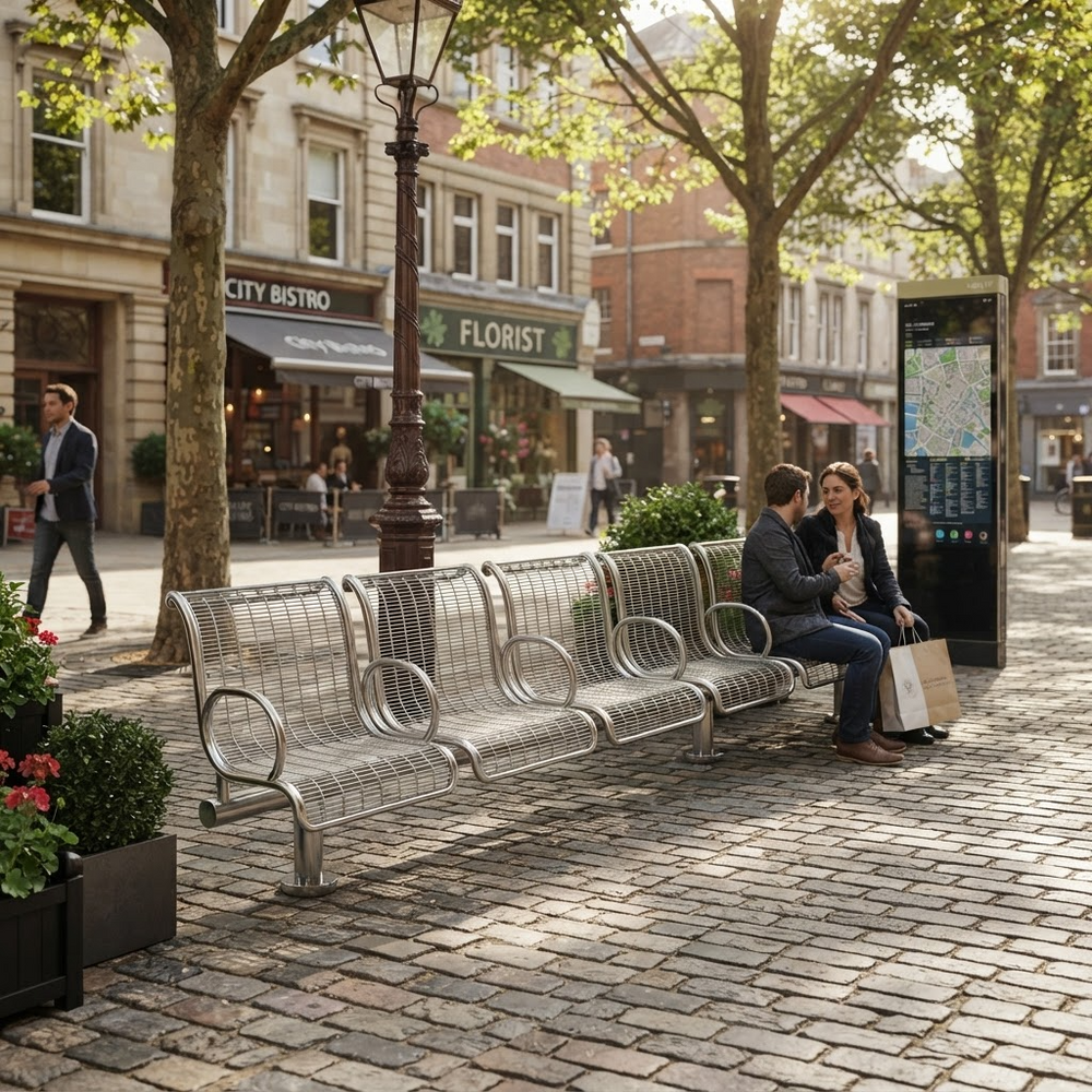 A modern curved metal bench in a cobblestone town square, with two people sitting on it and a map kiosk nearby. The scene is set in a real outdoor urban environment with trees, storefronts, and a lamppost.