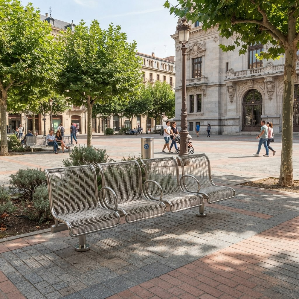 A modern three-seater metal bench with a curved, woven slat design sits on a paved plaza in a city square. The scene includes trees, historic buildings, and several pedestrians in the background.