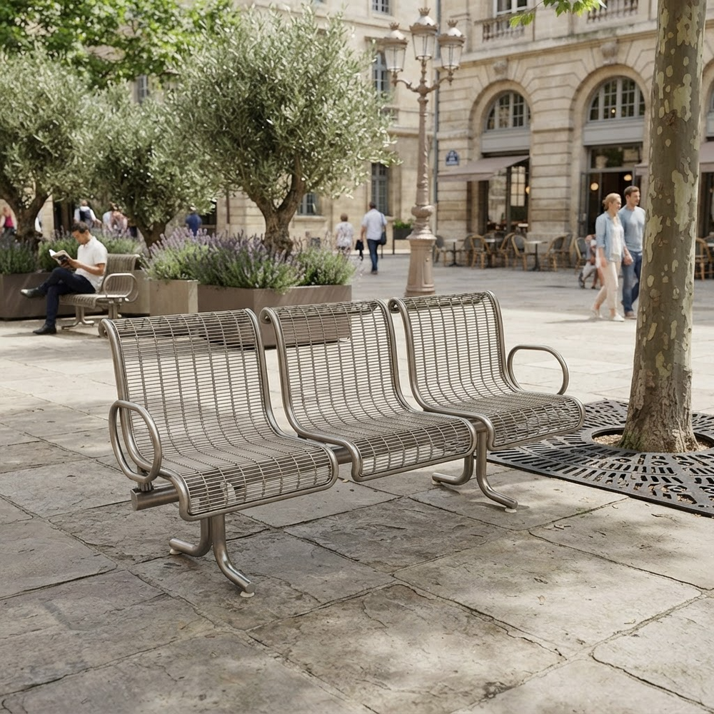 A modern three-seater metal bench with a slatted wire seat and curved armrests, shown in an outdoor urban plaza with trees, people, and stone buildings in the background.