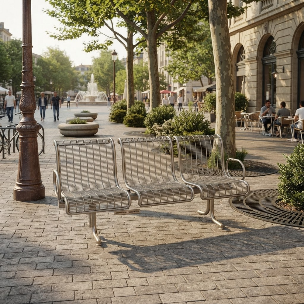 A modern three-seater metal bench with a wire grid back and seat, situated in a sunlit urban plaza with trees, stone paving, and outdoor seating.