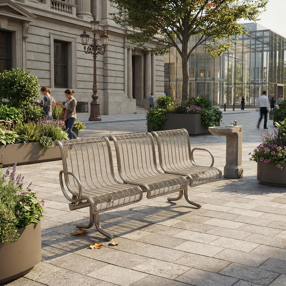 A three-seater metal park bench with a slatted wire seat and back, shown in an outdoor urban plaza with people, plants, and buildings in the background.