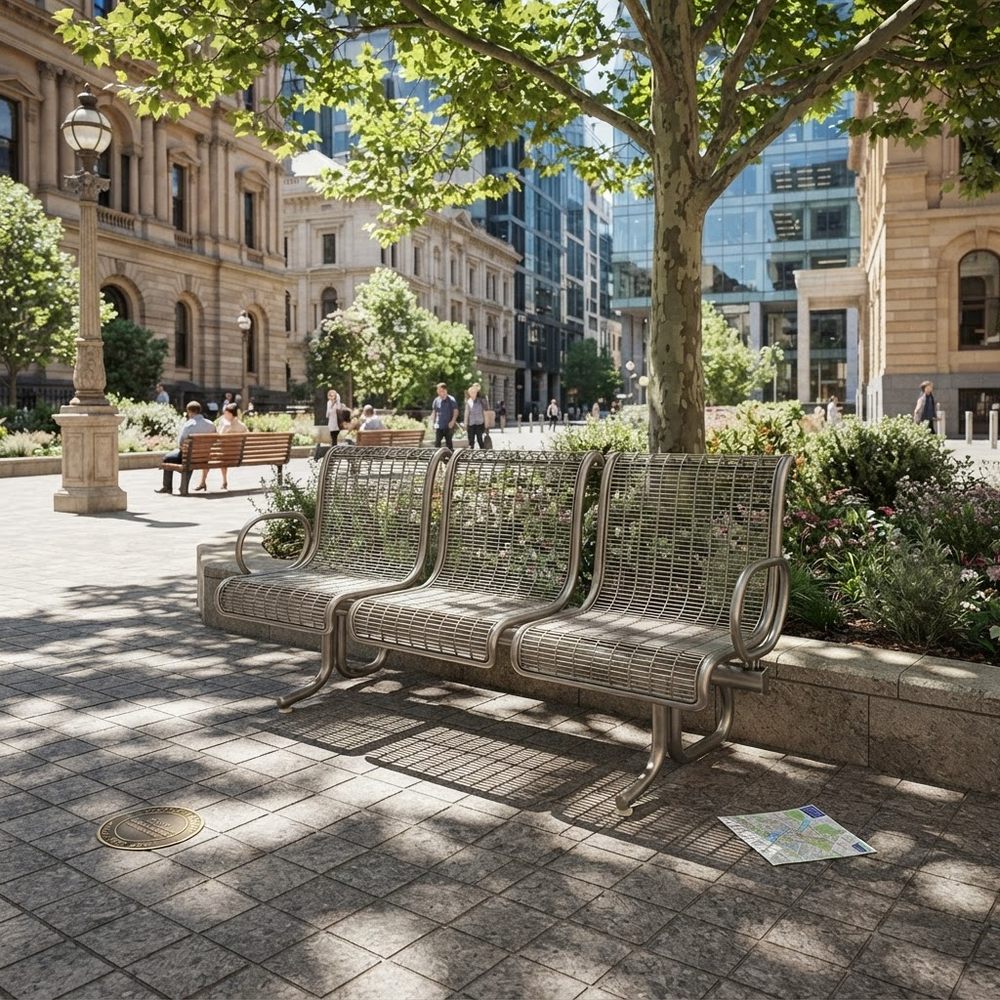 A modern three-seater metal park bench with a woven wire back and seat, situated in a sunny urban plaza with stone paving, trees, and historic buildings in the background.