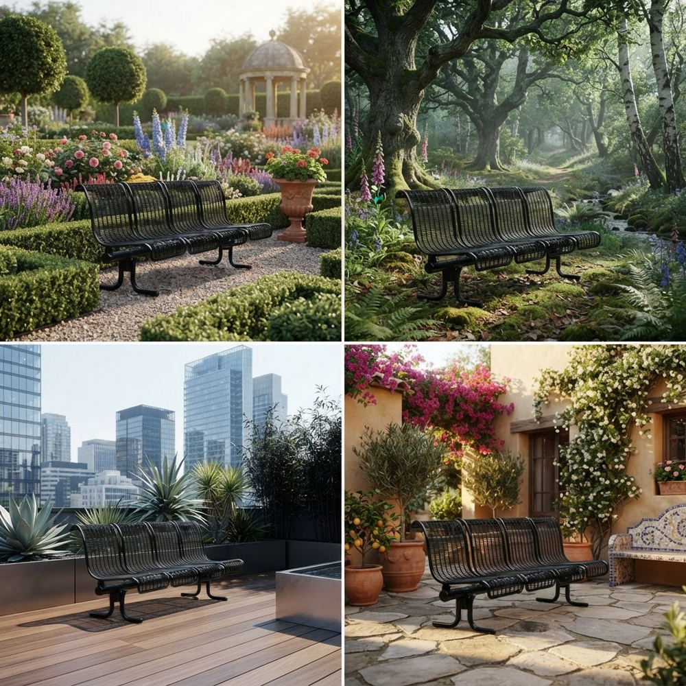 A four-panel collage showing black metal garden benches in different outdoor settings: a formal garden with a gazebo, a wooded path beside a stream, a rooftop terrace with city skyline, and a patio beside a flower-covered building.