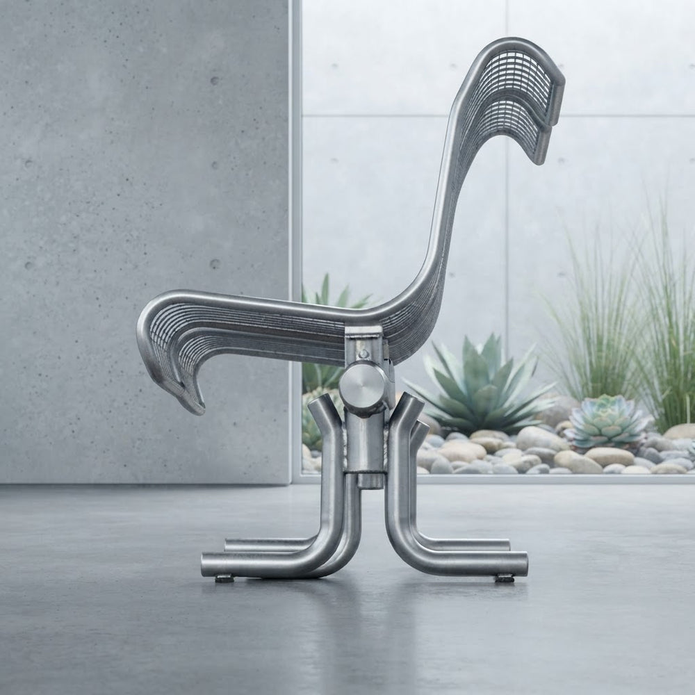 A modern sculptural metal chair with a curved, ribbed seat and back, supported by a tubular steel base, set against a minimalist concrete and stone background.