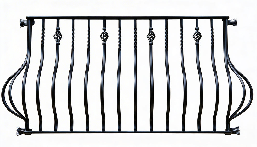 Ornamental Wrought Iron Balcony Railing | Handmade Decorative Twisted‑Baluster Juliet Balcony for Luxury Homes Model # DRP9822