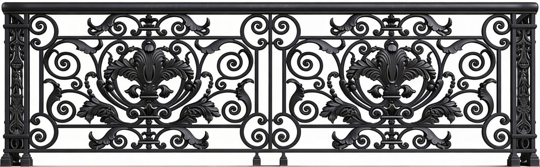Ornamental Wrought Iron Railing Panel | Handmade Decorative Floral‑Scroll Cast‑Iron Design for Luxury Homes Model # DRP998