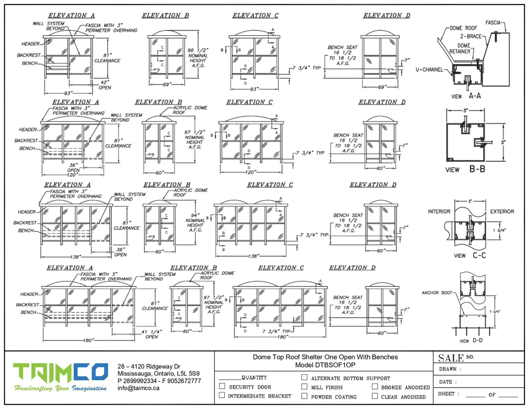 Dome Top Roof Bus Stop Shelter One Open With Benche  Model DTBSOF1OP