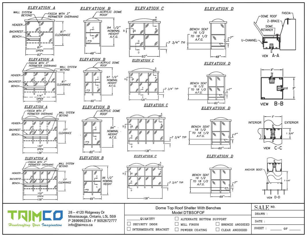 Dome Top Roof Bus Stop Shelter Open Front With Benches  Model DTBSOFOF