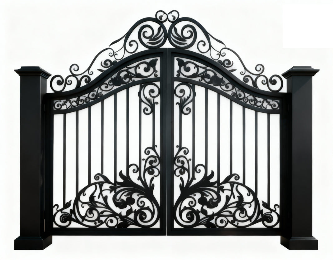 Imperial Crest Wrought Iron Driveway Gate – Double Panel with Decorative Columns Model DWG084