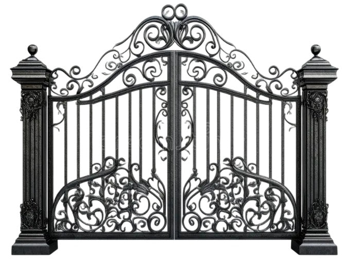 Imperial Crest Wrought Iron Driveway Gate – Double Panel with Decorative Columns DWG084