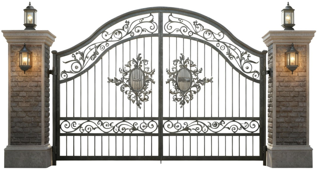 Scroll crest – Ornate Wrought Iron Gate with Floral Scrolls Model # DWG058