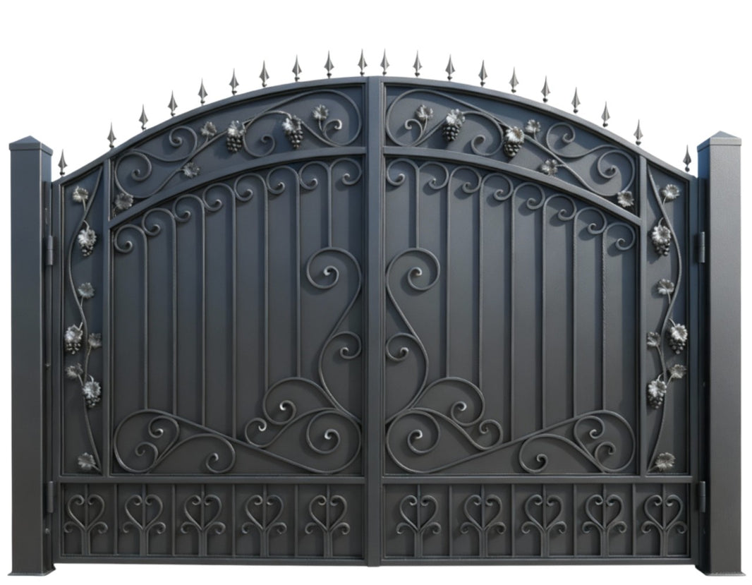 Vine heart Sonata – Wrought Iron Gate with Grapevine Scrolls & Heart Motifs Model # DWG064