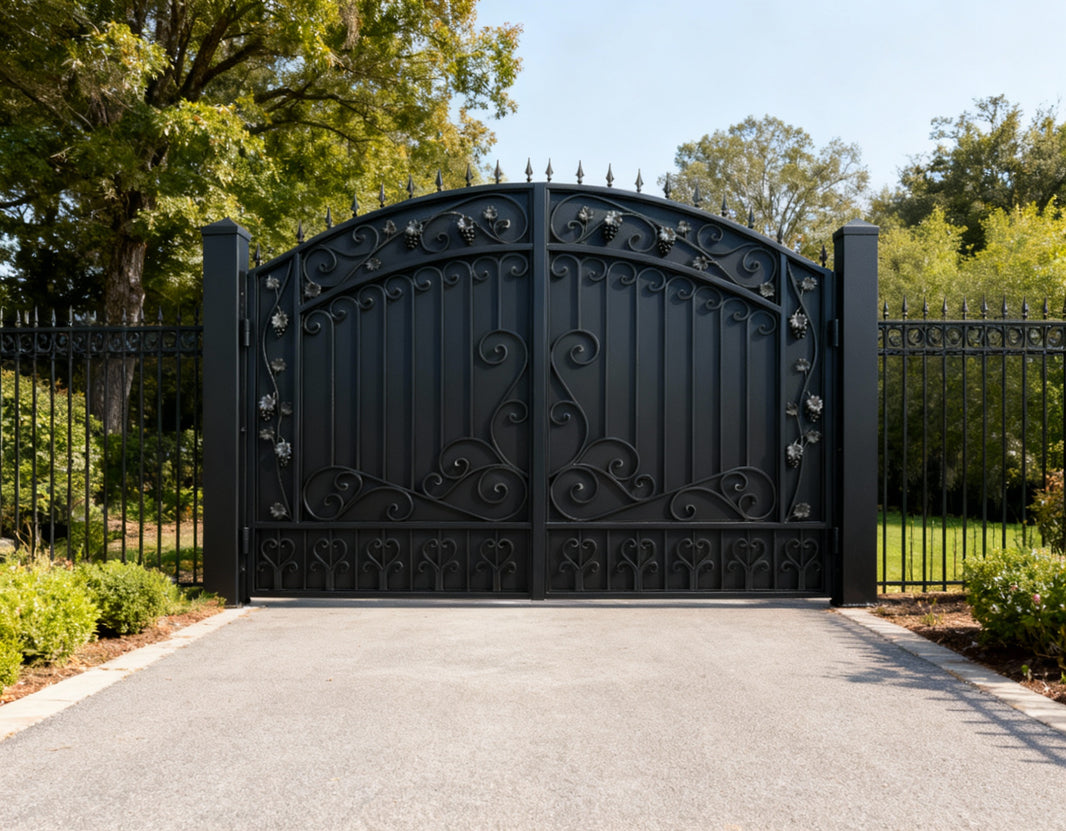 Vine heart Sonata – Wrought Iron Gate with Grapevine Scrolls & Heart Motifs Model # DWG064