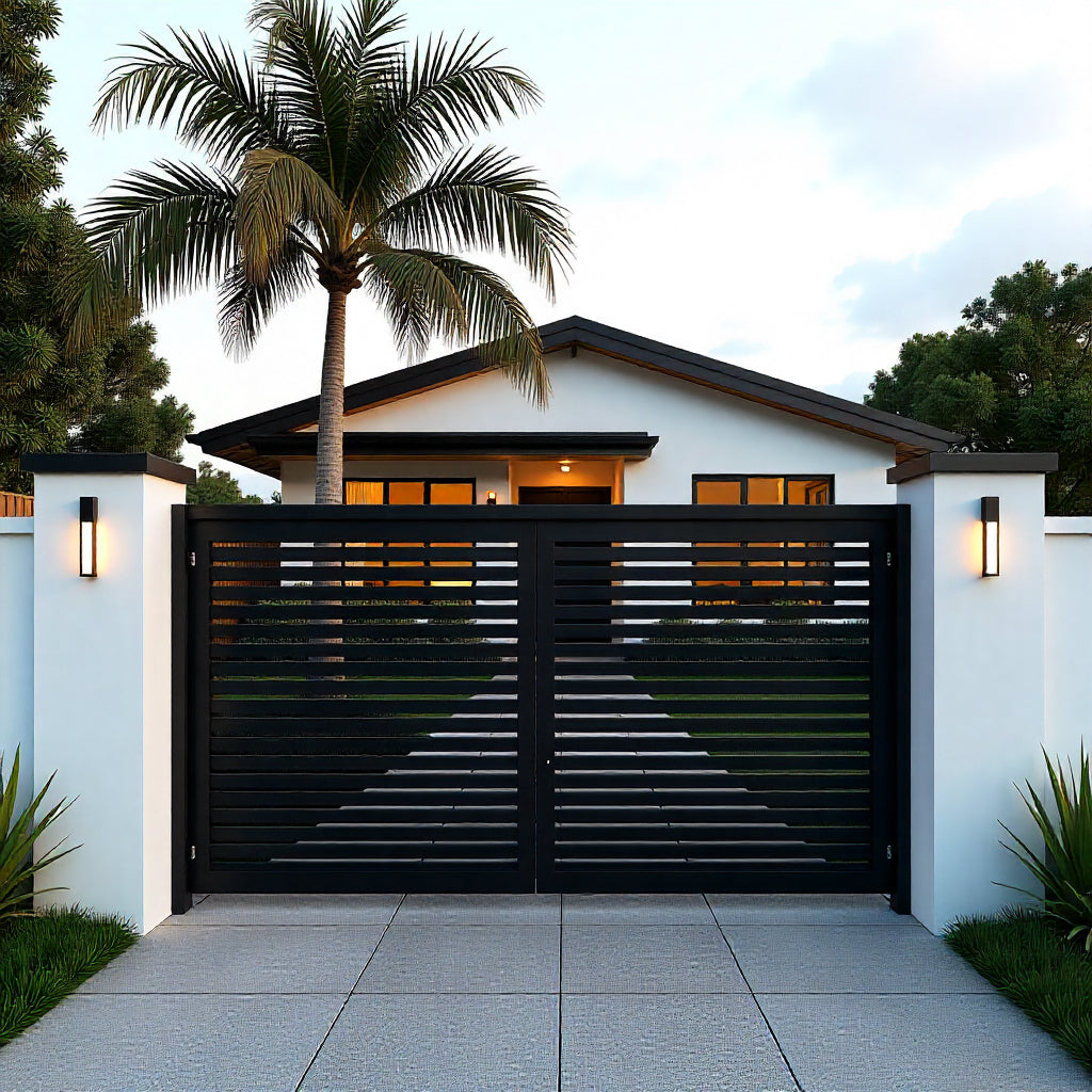 TriAxis Modern – Geometric Slat Steel Driveway Gate Model # DWG070