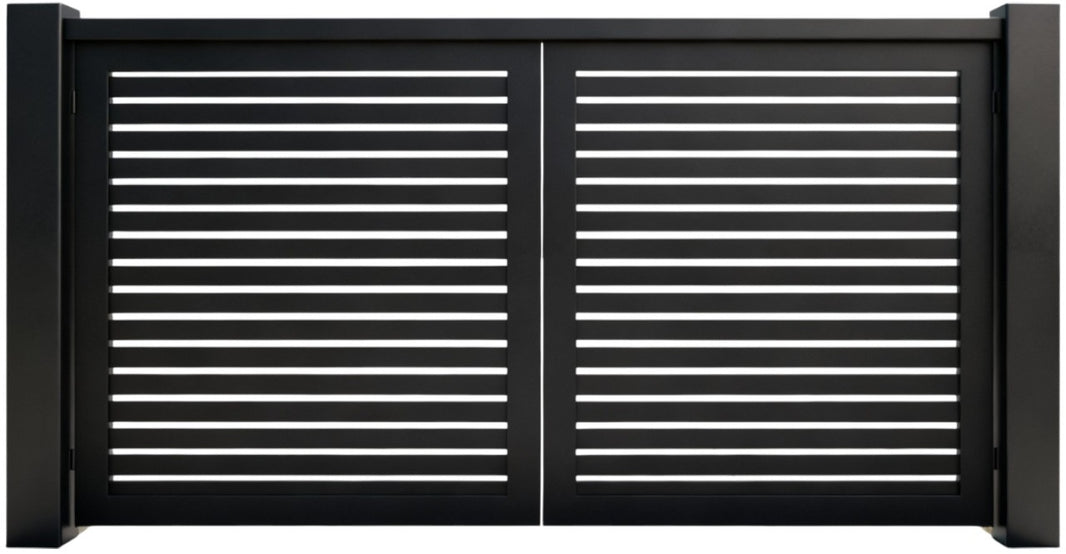 TriAxis Modern – Geometric Slat Steel Driveway Gate Model # DWG070