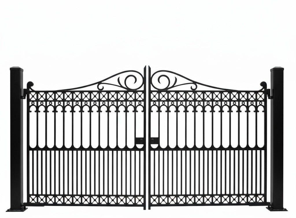 Circleweave Crest – Wrought Iron Gate with Scrollwork & Crisscross Base Model # DWG071