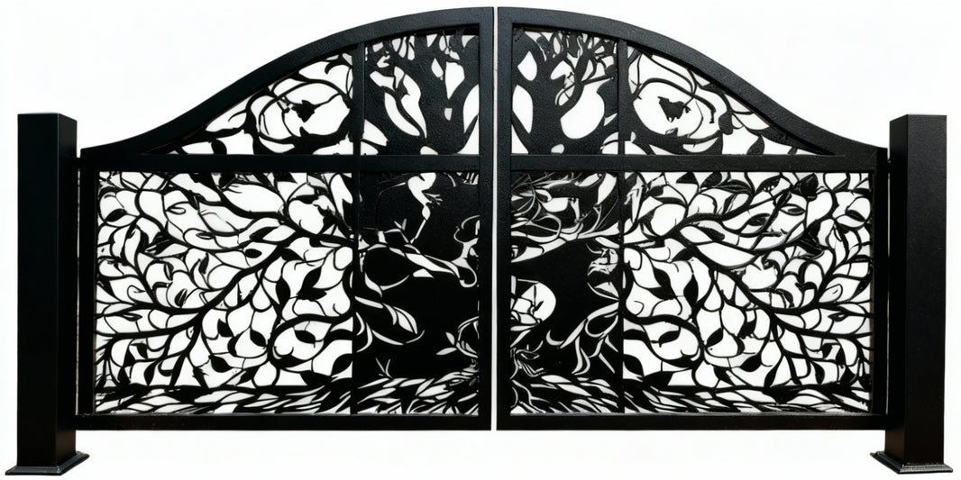 Whispering Canopy – Sculptural Tree Gate with Swirling Branch work Model # DWG078