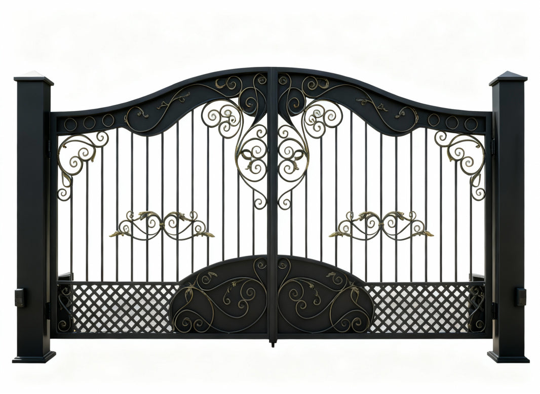 Louis XIV Ornamental Wrought Iron Driveway Gate Double Swing with Gold Scrollwork & Lattice Design – Model DWG0833