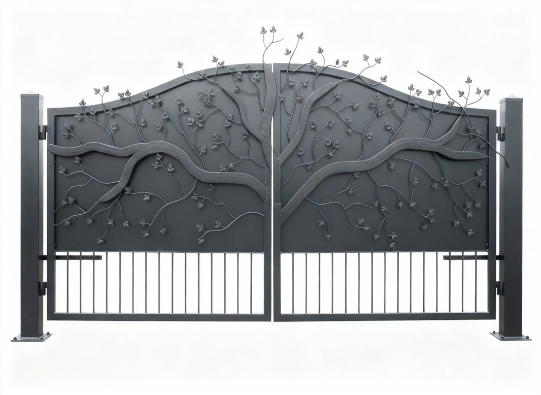 Tree crest Haven Gate – Ornate Wrought Iron Gate with Tree & Bird Motif Model # DWG085