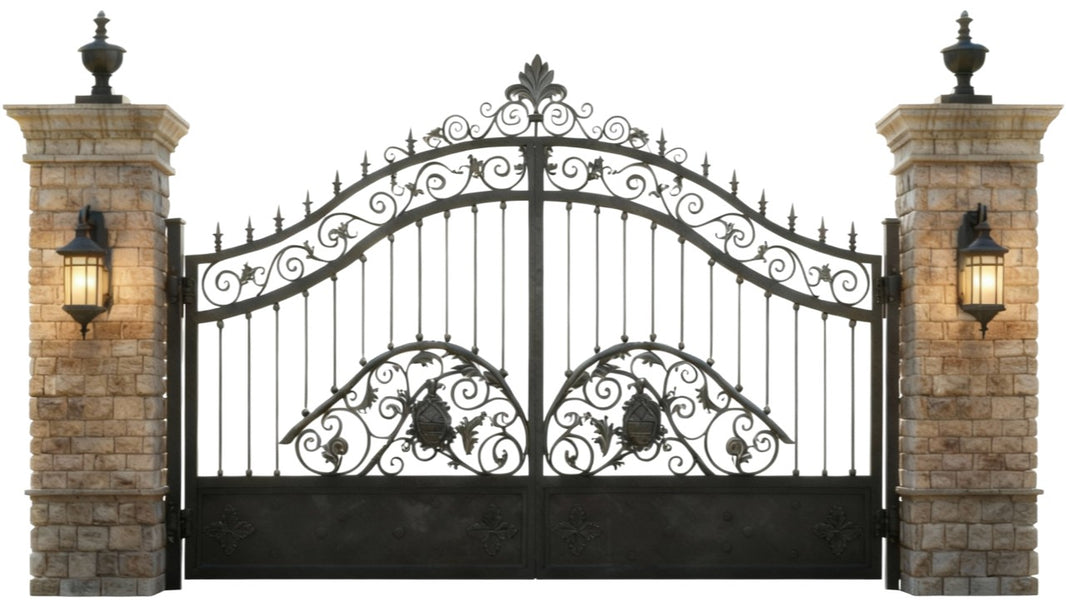 Crest forge Bastion – Ornate Wrought Iron Gate with Solid Base Model DWG090
