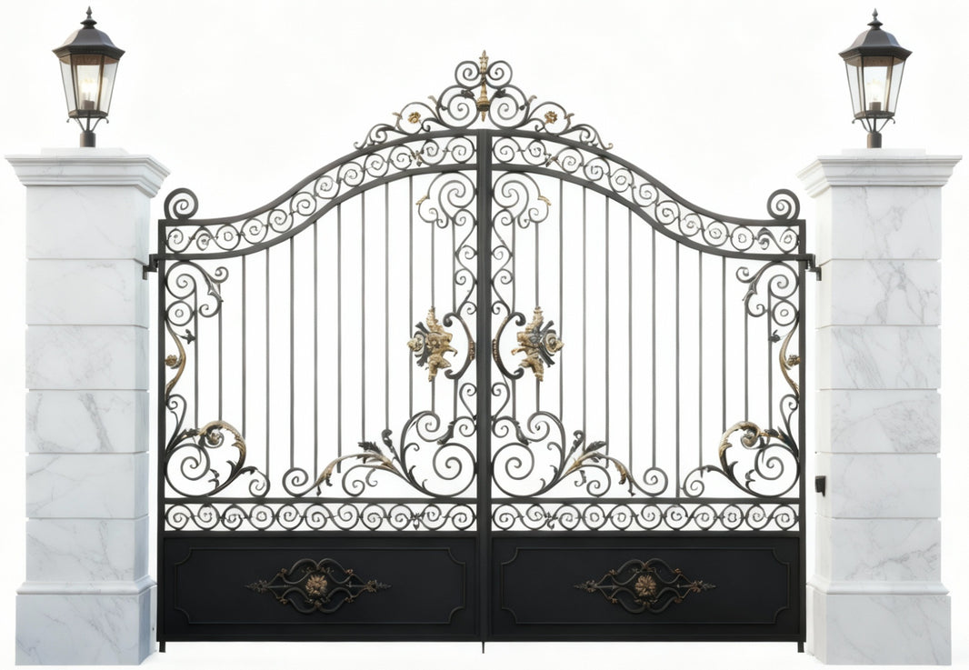 Shell crest Aurelia – Ornate Wrought Iron Gate with Gold Accents Model # DWG094