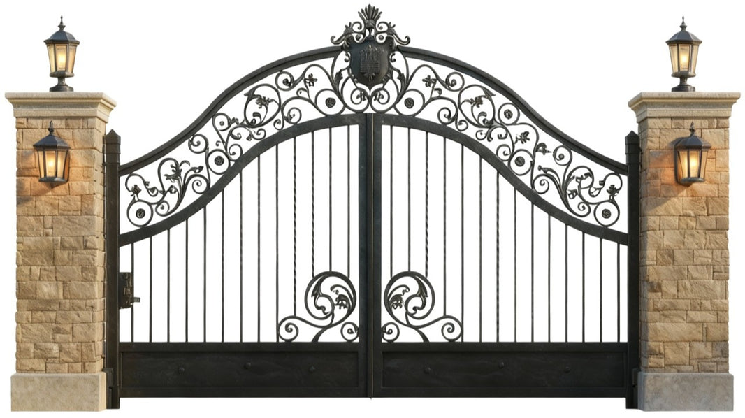 Crest veil Gate – Ornate Wrought Iron Gate with Floral Scrolls Model # DWG096