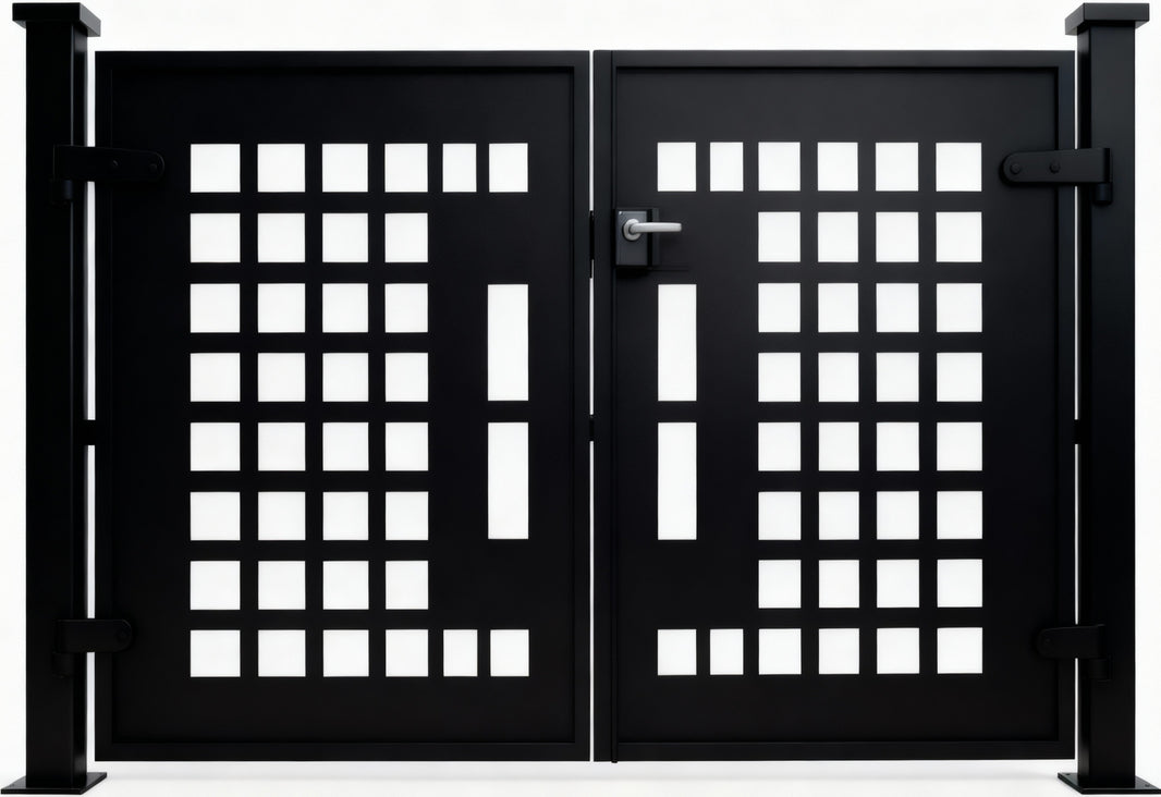 Gridform Axis Gate – Modern Metal Gate with Rectangular Cutouts & Symmetrical Design Model # DWG096