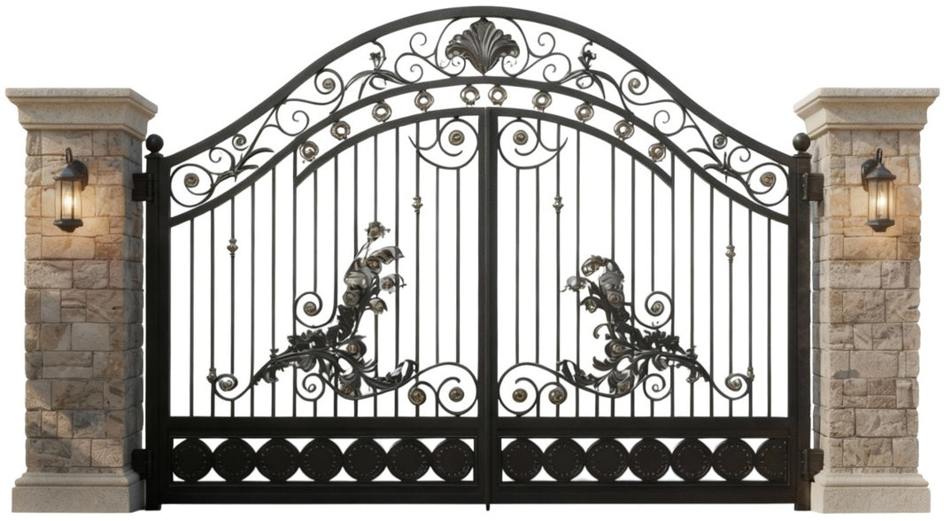 Twin crest Aviary – Ornate Wrought Iron Gate with Bird Motifs Model # DWG106