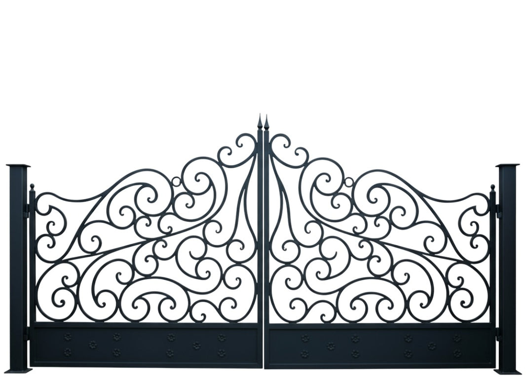 Scrollbloom Crest – Wrought Iron Gate with Floral Base Panels & Finial Arch Model # DWG112