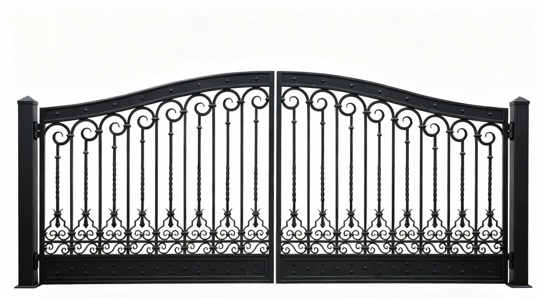 Rivet bloom Crest – Wrought Iron Gate with Floral Scrollwork & Arched Frame Model # DWG117