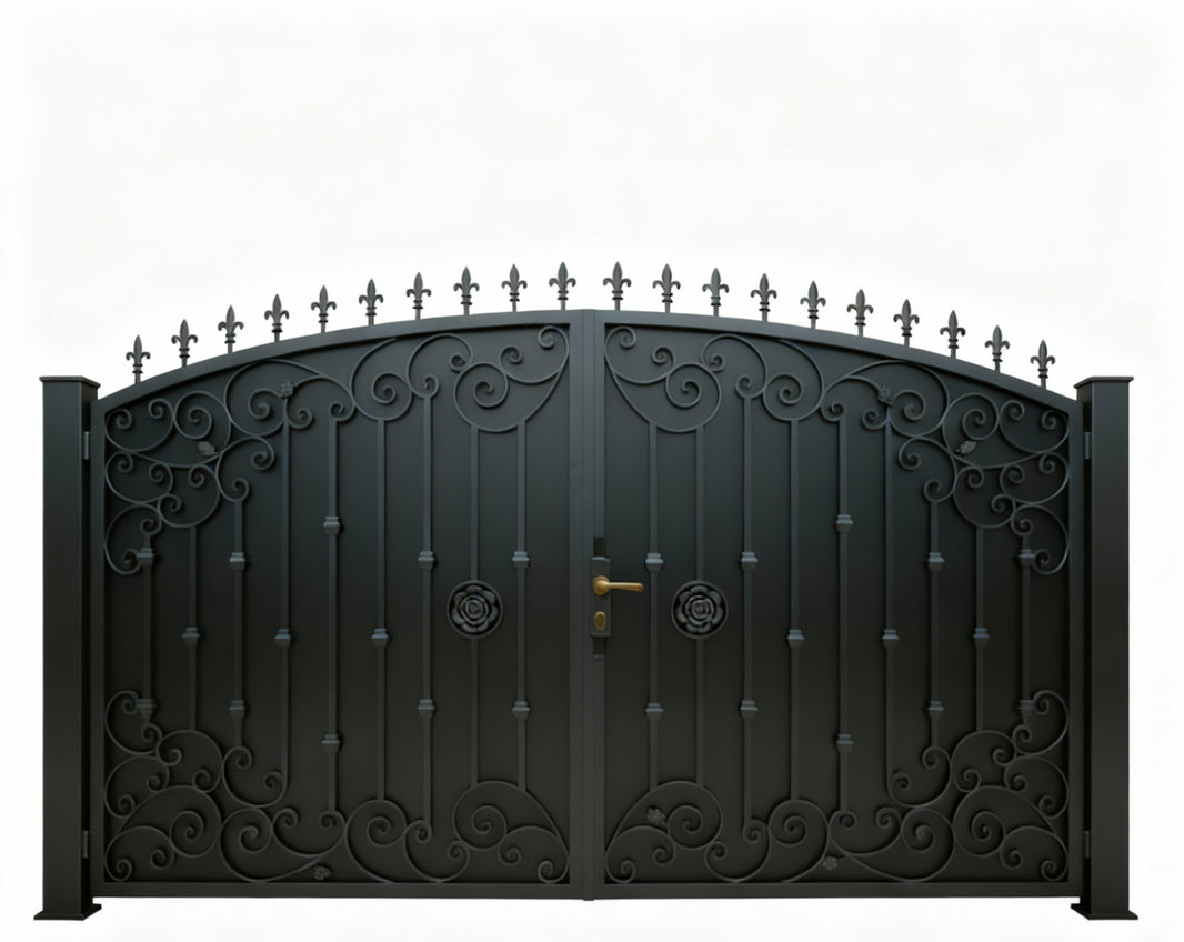 Fleurcrest Royale – Scroll & Floral Wrought Iron Gate with Brass Accents Model # DWG120