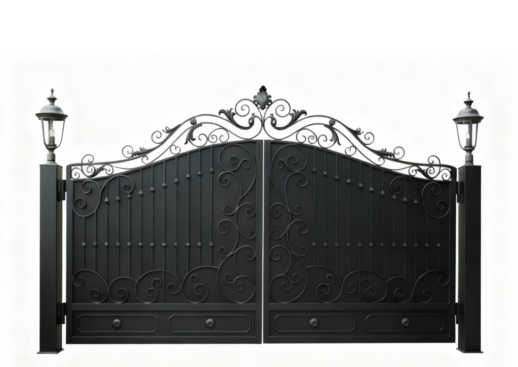 Vinecrest Elan – Scroll & Floral Wrought Iron Gate with Lantern Pillars Model # DWG122