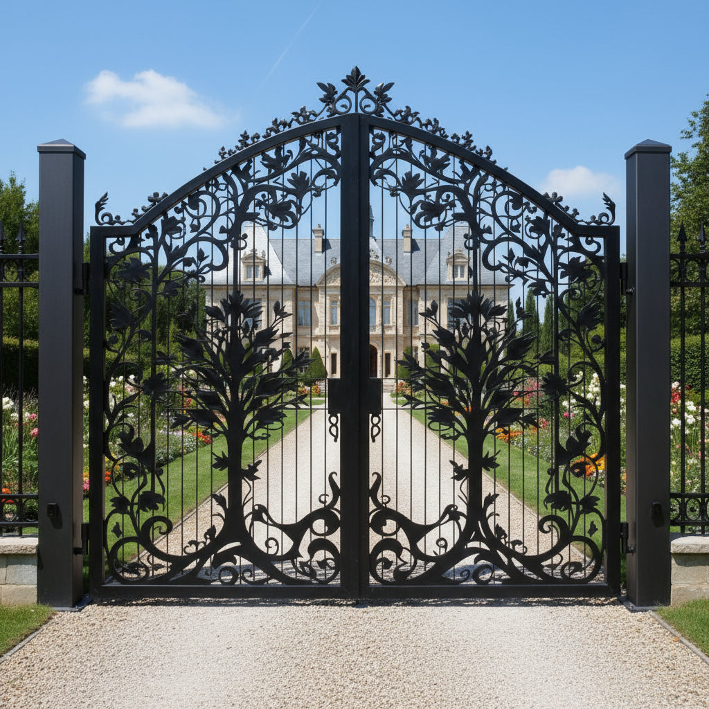 Twinroot Harmony – Wrought Iron Gate with Stylized Tree Panels & Leaf Scroll Arch Model # DWG126