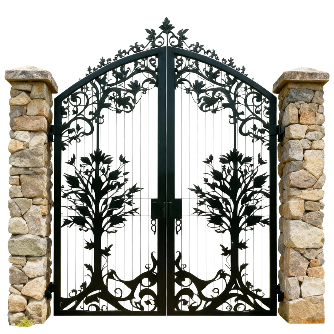 Twinroot Harmony – Wrought Iron Gate with Stylized Tree Panels & Leaf Scroll Arch Model # DWG126