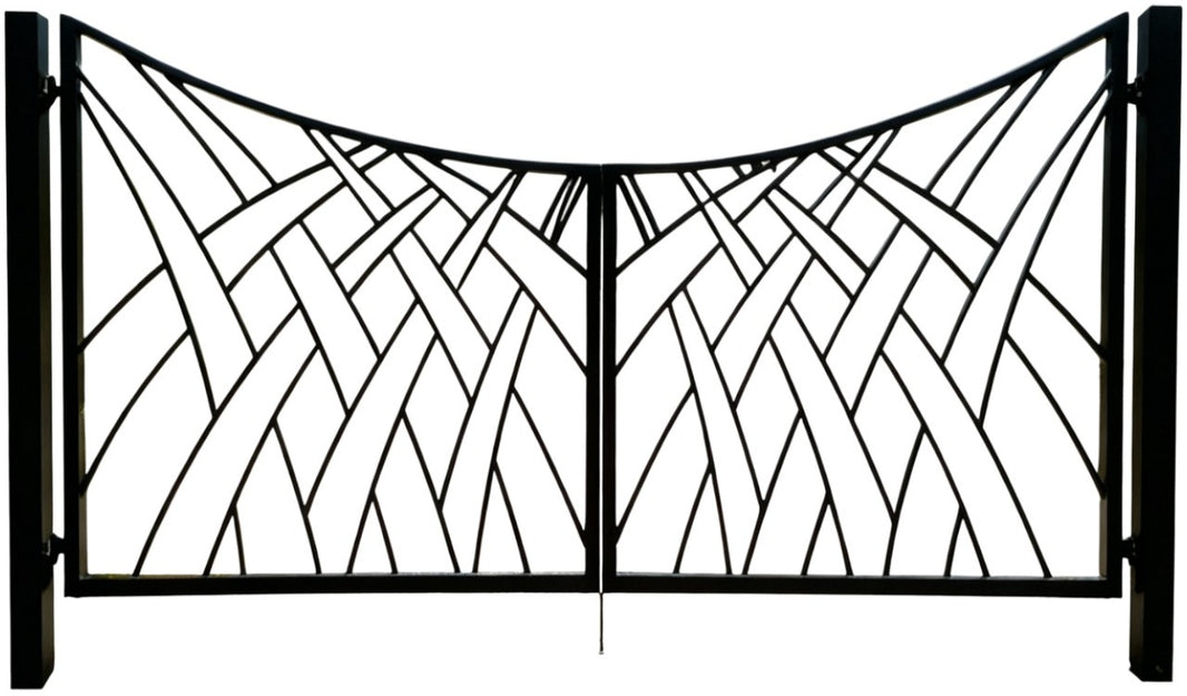 Waveweave Axis – Decorative Metal Gate with Interwoven Curved Bar Design Model # DWG131