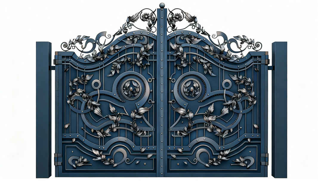 Silverleaf Nocturne – Midnight Blue Wrought Iron Gate with Floral Scrollwork Model # 133