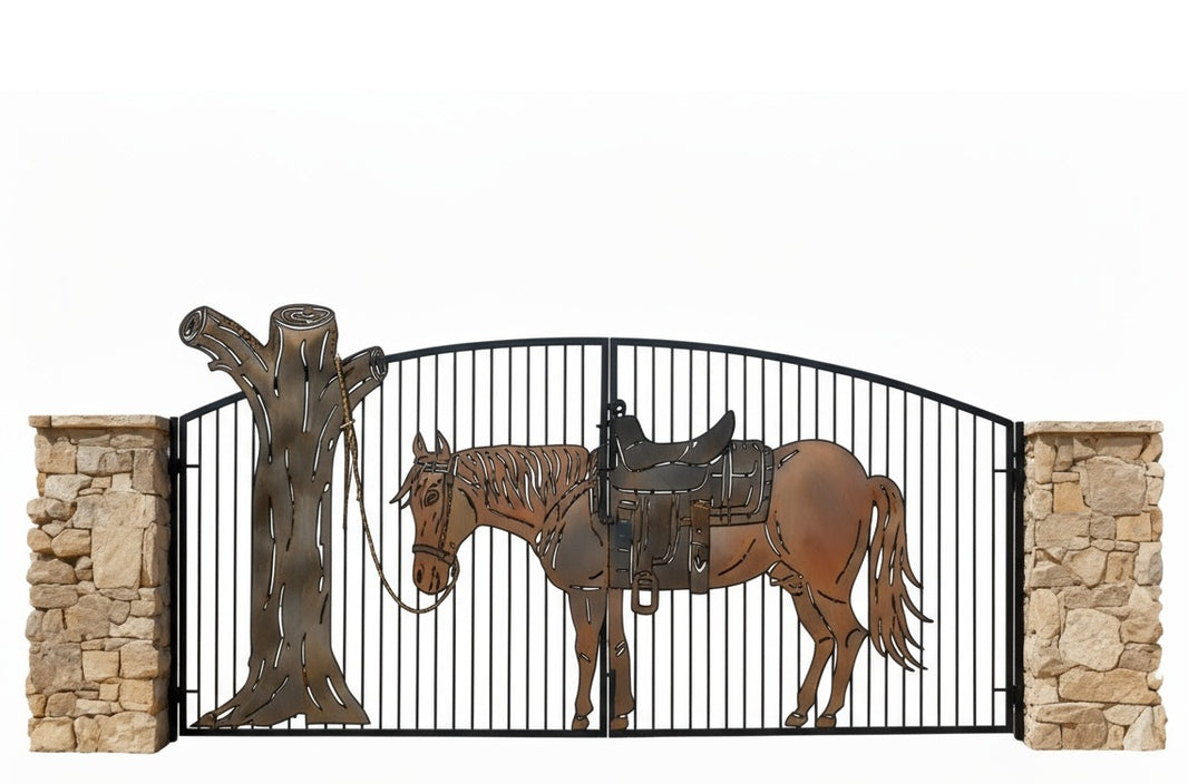 Saddle post Legacy – Wrought Iron Gate with Horse & Tree Motif Model # DWG134
