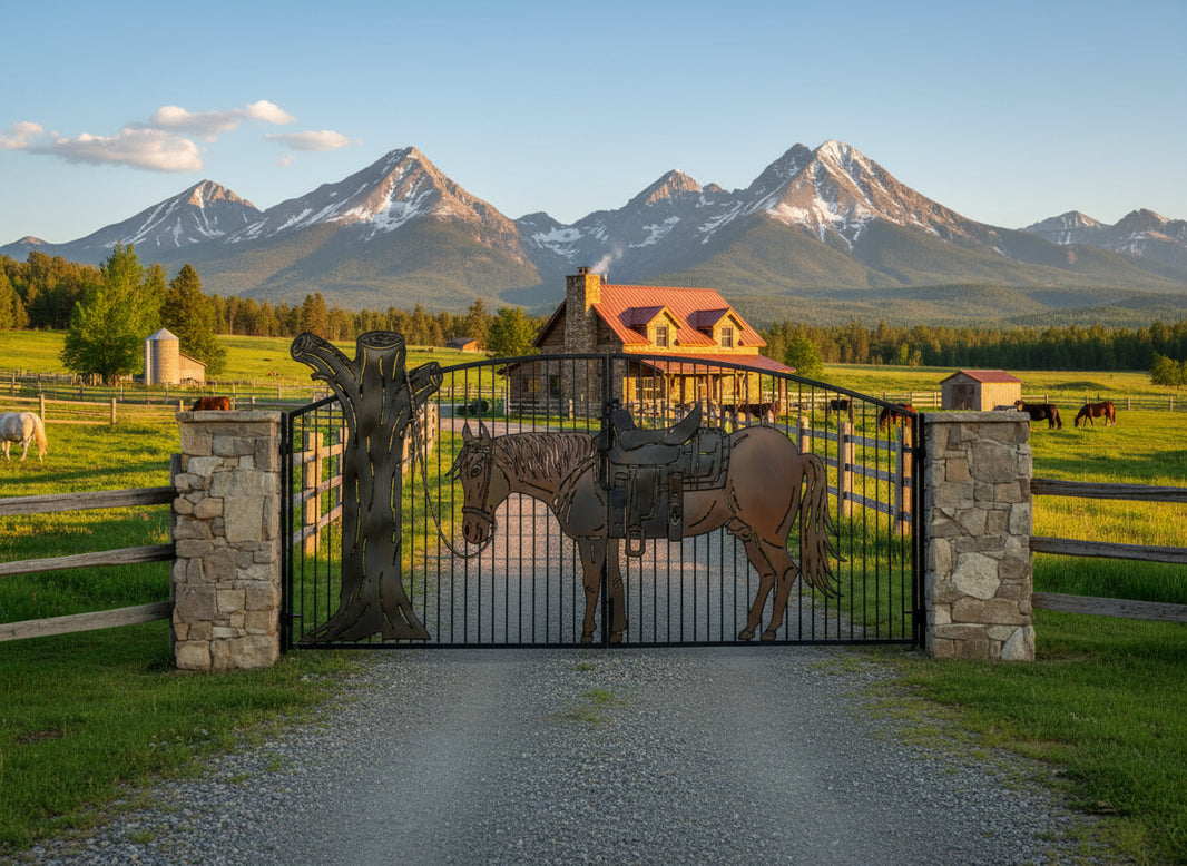 Saddle post Legacy – Wrought Iron Gate with Horse & Tree Motif Model # DWG134