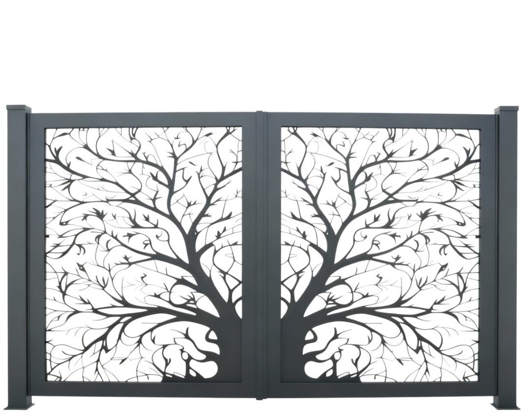Tree veil Reverie – Wrought Iron Gate with Branching Silhouette & Leaf Motifs Model # DWG135
