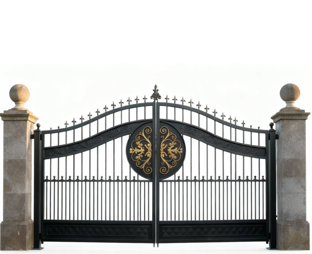 Regal crest Dominion – Wrought Iron Gate with Gold Emblem Panels Model # DWG138