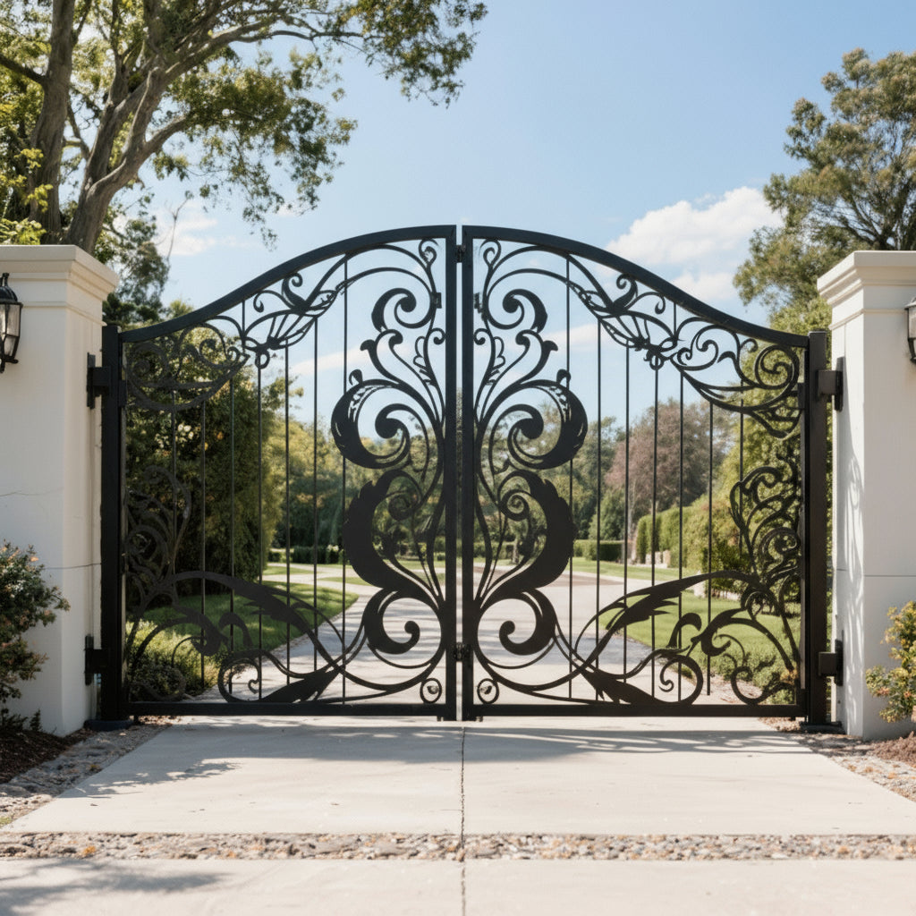 Leaf spire Estate Gate – Wrought Iron Gate with Scroll Panels Model # DWG1430