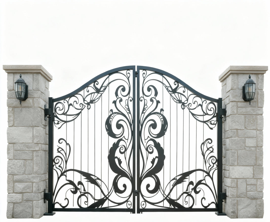 Leaf spire Estate Gate – Wrought Iron Gate with Scroll Panels Model # DWG1430