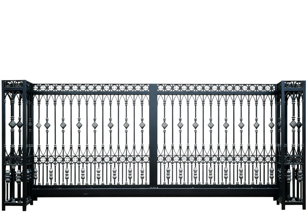 Finial path Estate Gate – Wrought Iron Gate with Scrollwork & Landscape Framing Model # DWG148