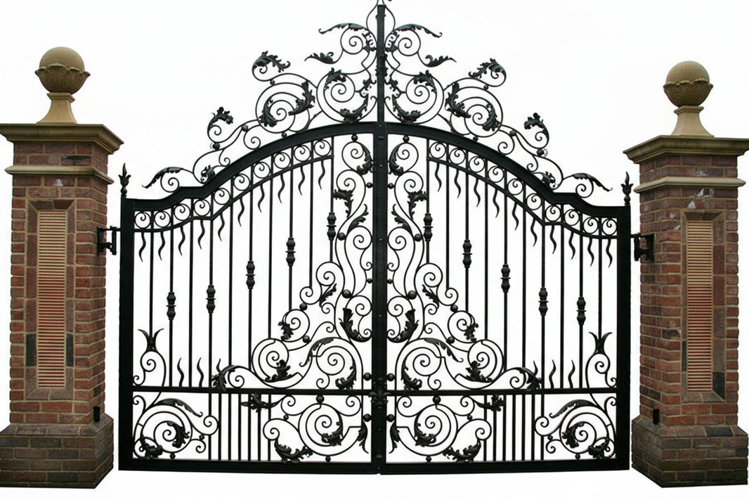 Urncrest Passage – Wrought Iron Gate with Vine Scroll Panels Model # DWG152