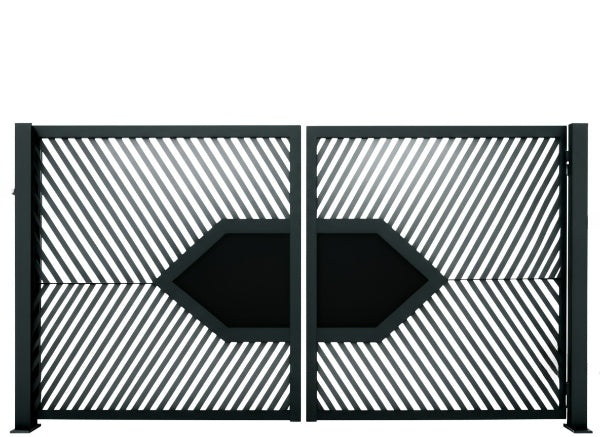 Hexaframe Axis – Modern Metal Gate with Chevron Slats & Central Hexagon Model # DWG160