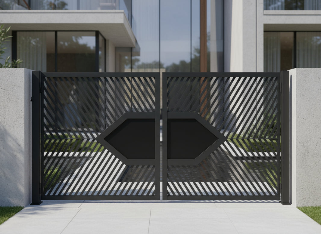 Hexaframe Axis – Modern Metal Gate with Chevron Slats & Central Hexagon Model # DWG160