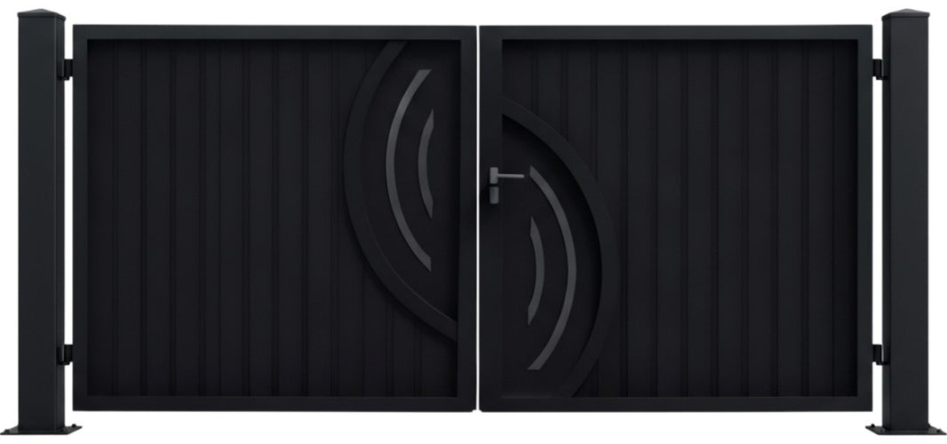 Curveframe Axis – Modern Metal Gate with Vertical Slats & Curved Overlay Model # DWG169