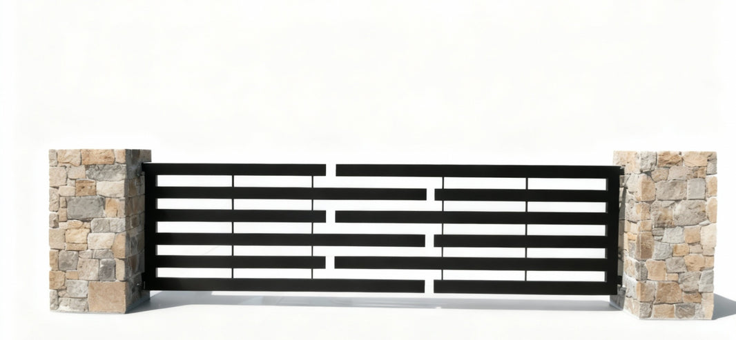 Strata Line Modern – Staggered Horizontal Slat Steel Driveway Gate Model # DWG172